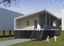 In accordance with post-Katrina building codes, guidelines, and best practices, the house is raised seven feet above grade, securing its safety during flooding and providing shaded parking, storage, and outdoor living spaces.
Illustration © sustainable.TO Architecture + Building