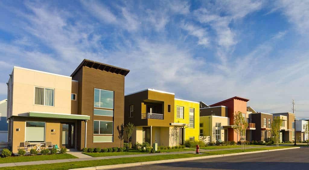 Energy-efficient houses on street in Daybreak, Utah