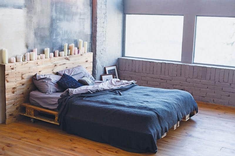 Low platform bed with wood bolsters - DIY platform bed