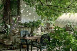 cat on table with chairs under trees in garden - 6 things to consider while building a garden seating area