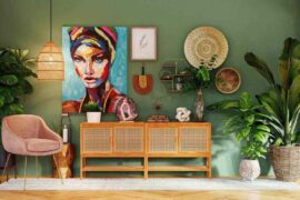 interior design with green walls and painting of woman - 5 green interior design trends