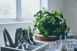 mint growing by sink with utensils drying - 3 tips to keep your kitchen green on a budget