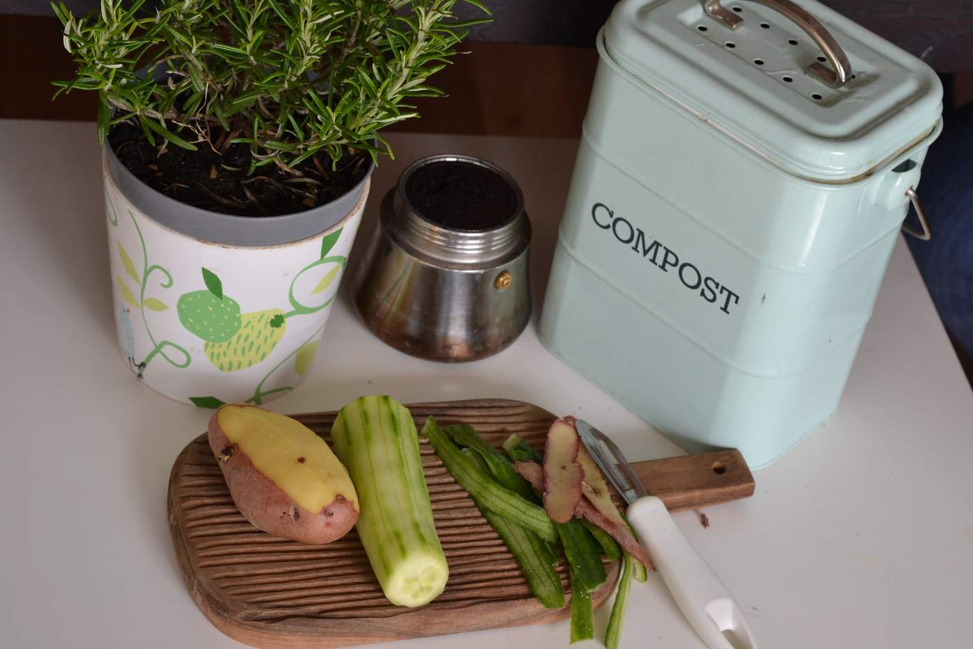 countertop compost bin and veggie scraps - green behind the ears - adventures in composting